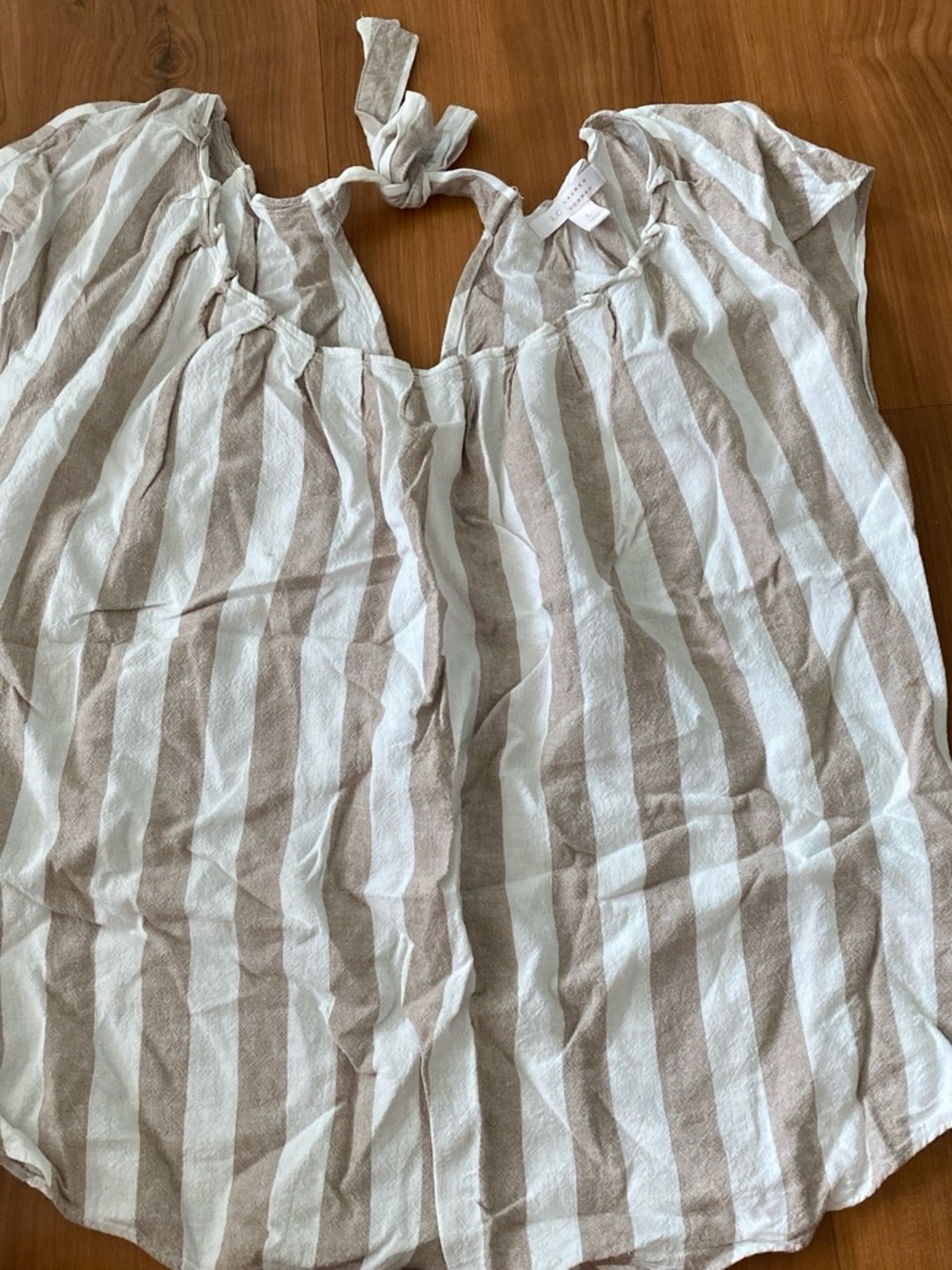 LC Lauren Conrad White and Taupe Striped Peasant Top